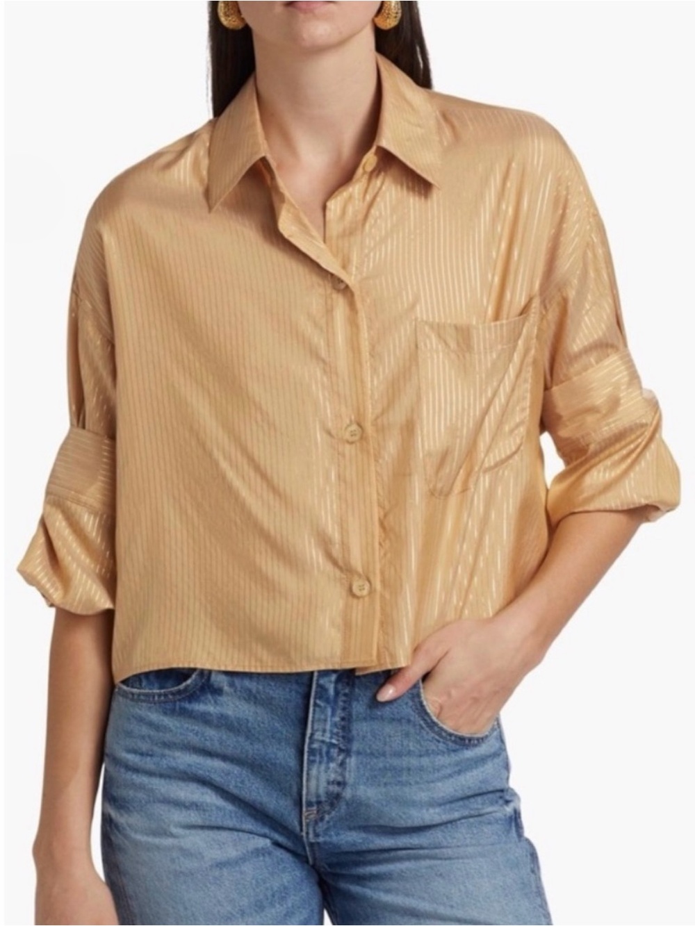 TWP Next Ex Metallic Gold Stripe Silk Women’s Crop Top Button Down Cuffed Blouse